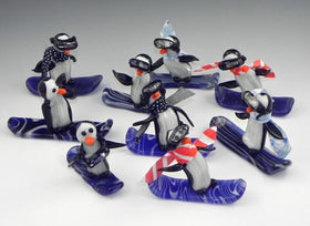 Glass Penguin with Snowboard with Skiing Goggles - Infused with Cremains
