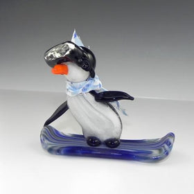 Glass Penguin with Snowboard with Skiing Goggles - Infused with Cremains