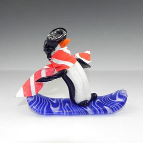Glass Penguin with Snowboard with Skiing Goggles - Infused with Cremains