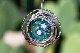 Caged Glass Galaxy Necklace with Two Opals - Cremation Jewelry