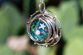 Caged Glass Galaxy Necklace with Two Opals - Cremation Jewelry