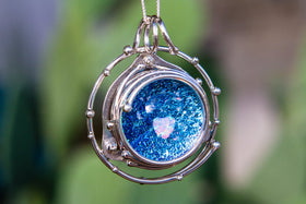 Caged Heart in Stars Necklace - Silver and Glass Cremation Jewelry