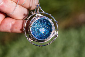 Caged Heart in Stars Necklace - Silver and Glass Cremation Jewelry