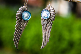 Angel Wings Earrings with Cremation Ash Cabochon