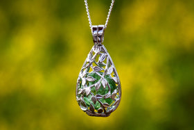 Sterling Silver Leaf Drop Pendant with Cremains Infused 13mm Marble