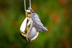 Gold Plated Silver Angel Tear Pendant with Cremation Ash Infused 16mm Marble and Angel Wing