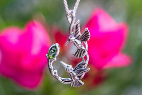Silver Double Hummingbird Memorial Necklace with Cremation Ash