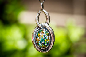 Cremation Ash Oval Silver Necklace with Crushed Opal