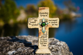 Amazing Grace Memorial Cross with Cremains Inflused Flower Touchstone