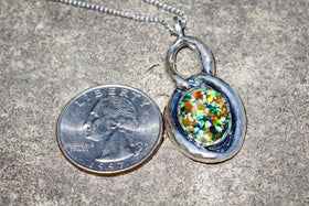 Cremation Ash Oval Silver Necklace with Crushed Opal