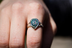 Silver Pear Ring with Cremation Ashes and Crushed Opal