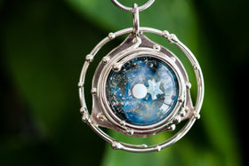 Caged Glass Galaxy Necklace with Two Opals - Cremation Jewelry