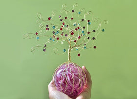 Pink Golden Tree of Life with Swarovski Crystals and Cremains Infused Ribbon Orb