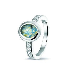 Oval Silver Ring with Cremation Ash and Zircon Embedded Band