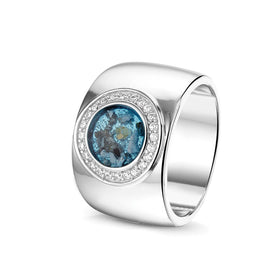 Wide Silver Ring with Cremation Ash and Zircons