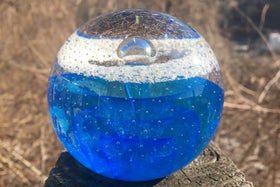 Veiled Blue Memorial Glass Paperweight with Cremains Ash From Person Dog or Cat