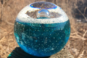 Veiled Turqoise Memorial Glass Paperweight Orb with Cremains Ash From Person Dog or Cat