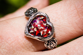 Silver Heart Ring with Cremation Ashes and Crushed Opal
