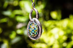 Cremation Ash Oval Silver Necklace with Crushed Opal