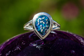 Silver Pear Ring with Cremation Ashes and Crushed Opal