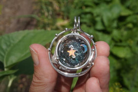 Caged Glass Galaxy Necklace with Two Opals - Cremation Jewelry