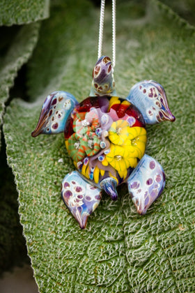 Coral Reef Turtle Glass Pendant with Infused Cremation Ash