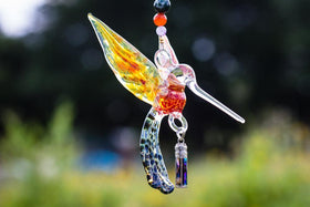 Handcrafted Glass Hummingbird with Sterling Silver Keepsake Vial to hold Ashes from Cremation