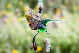 Handcrafted Glass Hummingbird with Sterling Silver Keepsake Vial to hold Ashs from Cremation