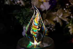 Illuminated Tri-Color Glass Flame Paperweight with Ashes