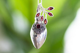 Long Oval Sterling Silver Pendant with Garnet Leaf Pendant