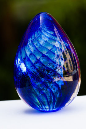Marine Blue Spiral Glass Egg with Cremains