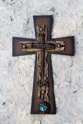 Metal Cross with Memorial Glass Swirl Cabochon with Cremains
