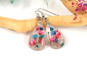 Pink and Blue Baby's Breath Earrings with Cremains