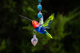 Sterling Silver Keepsake Heart Pendant for Cremation Ash with Handmade Glass Hummingbird