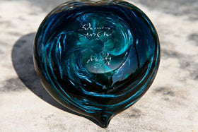 Tuquoise Glass Heart Paperweight with Cremation Ash