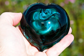 Tuquoise Glass Heart Paperweight with Cremation Ash