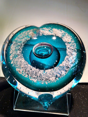 Turquoise Veil Memorial Glass Heart with Cremation Ash from People and Pets