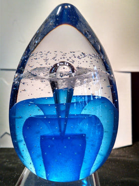Veiled Blue Memorial Glass Egg Paperweight with Cremains Ash From Person Dog or Cat