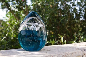 Veiled Turquoise Memorial Glass Egg Paperweight with Cremains Ash From Person Dog or Cat