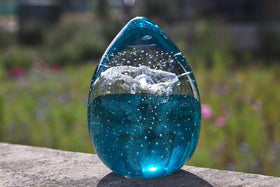 Veiled Turquoise Memorial Glass Egg Paperweight with Cremains Ash From Person Dog or Cat